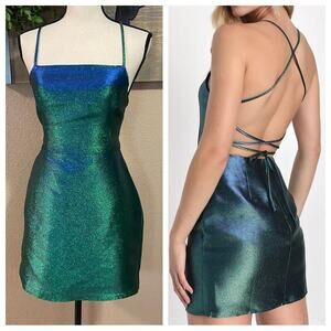 NWOT Lulus Impressive Confidence Shiny Green and Blue Lace-Up Mini Dress